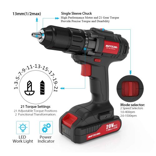  Meterk 20V Max Cordless Drill Driver and Impact Driver Set, 1/2 Chuck Max 35 N.m Drill Driver, 1/4Hex Max 150 N.m Impact Driver, 2Pcs Li-Ion Exchangeable Batteries and 1 Hr Fast Ch