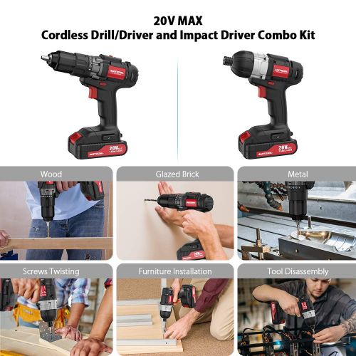  Meterk 20V Max Cordless Drill Driver and Impact Driver Set, 1/2 Chuck Max 35 N.m Drill Driver, 1/4Hex Max 150 N.m Impact Driver, 2Pcs Li-Ion Exchangeable Batteries and 1 Hr Fast Ch