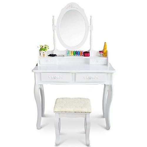  Mewinshop mewinshop Concise Graceful Stylish in Appearance White Vanity Makeup Dressing Table Set w/Stool 4 Drawer&Mirror Jewelry Wood Desk