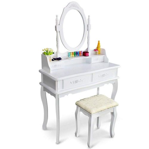  Mewinshop mewinshop Concise Graceful Stylish in Appearance White Vanity Makeup Dressing Table Set w/Stool 4 Drawer&Mirror Jewelry Wood Desk