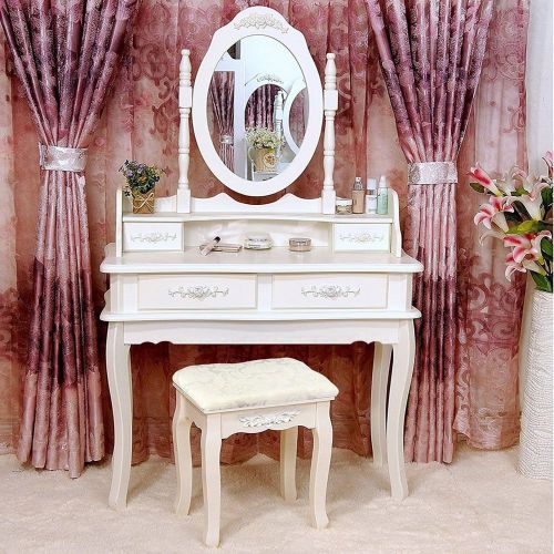  Mewinshop mewinshop Concise Graceful Stylish in Appearance White Vanity Makeup Dressing Table Set w/Stool 4 Drawer&Mirror Jewelry Wood Desk