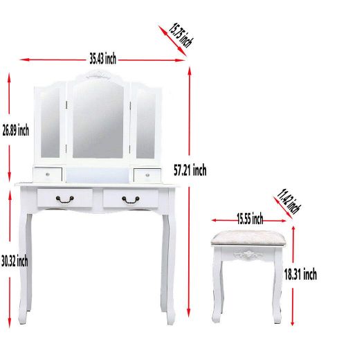  Mewinshop mewinshop Lighted Mirror Vanity Wall Trifold Light Makeup Mats with Chair Vanity Makeup Dressing Table Set w/Stool 4 Drawers w/3 Mirrors