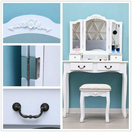  Mewinshop mewinshop Lighted Mirror Vanity Wall Trifold Light Makeup Mats with Chair Vanity Makeup Dressing Table Set w/Stool 4 Drawers w/3 Mirrors