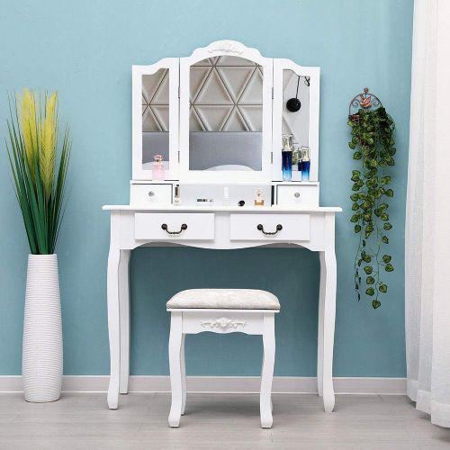  Mewinshop mewinshop Lighted Mirror Vanity Wall Trifold Light Makeup Mats with Chair Vanity Makeup Dressing Table Set w/Stool 4 Drawers w/3 Mirrors