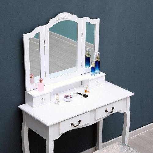  Mewinshop mewinshop Lighted Mirror Vanity Wall Trifold Light Makeup Mats with Chair Vanity Makeup Dressing Table Set w/Stool 4 Drawers w/3 Mirrors