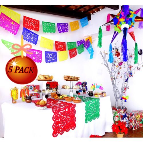  MexFabricSupplies Cinco de Mayo, 5 Pack Banners, Paper Mexican Banner 12 ft Long, Aztec home decor, Paper picado Garland, Fiesta Decoration Papel Picado WS100