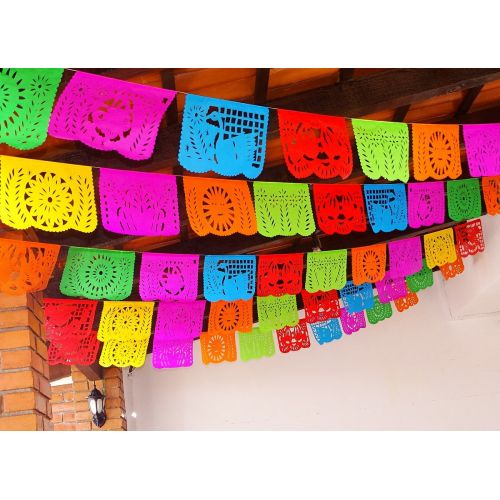  MexFabricSupplies Cinco de Mayo, 5 Pack Banners, Paper Mexican Banner 12 ft Long, Aztec home decor, Paper picado Garland, Fiesta Decoration Papel Picado WS100