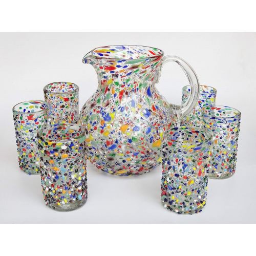  [아마존베스트]MexHandcraft Blown Glass Large 118oz Confetti Rocks Pitcher and 6 Drinking Glasses Set