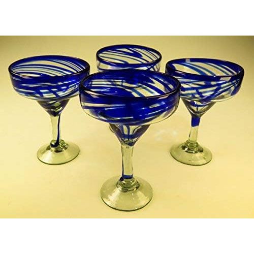  [아마존베스트]Mexican Margarita Glasses Mexican Glass Margarita Blue Swirl 4