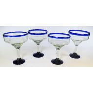 [아마존베스트]Mexican Margarita Glasses Mexican Glass Margarita 18 Oz. Blue Rim, Hand Blown, set of 4