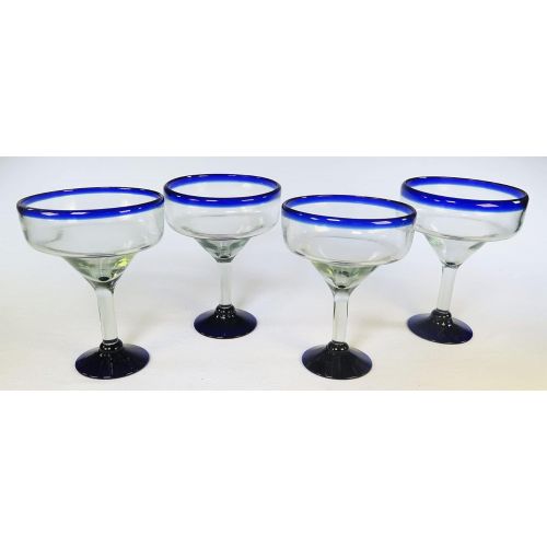  [아마존베스트]Mexican Margarita Glasses Mexican Glass Margarita 18 Oz. Blue Rim, Hand Blown, set of 4