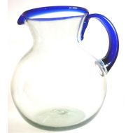 /Mexico2Us Hand blown glass pitcher with a blue rim balloon shape