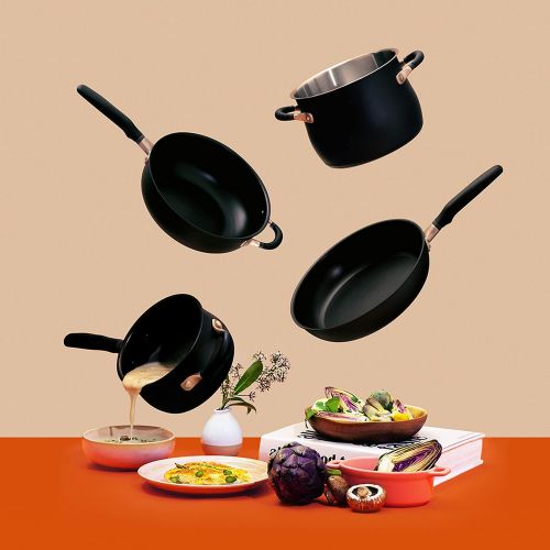  Meyer Accent Series - Hard Anodized Nonstick and Stainless Steel Pots and Pans / Essential Cookware Set, 6 Piece, Matte Black