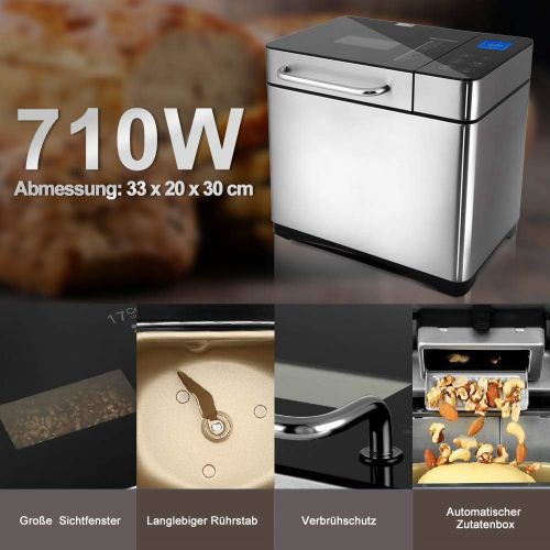  Bvivoa Brotbackautomat Brotbackmaschine Backmeister mit 19 Programme fuer 500g-1000g Brotgewicht, 710W, 15 Stunden Timing-Funktion, Warmhaltefunktion, Sichtfenster und LED Bildschir