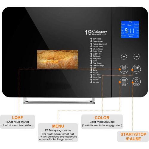  Rendio Brotbackautomat Brotbackmaschine Backmeister mit 19 Backprogramme aus Edelstahl 710 W fuer 500g-1000g Brotgewicht 3 Krustenfarbe 15-stuendiger Verzoegerungstimer Sichtfenster Warmhalt