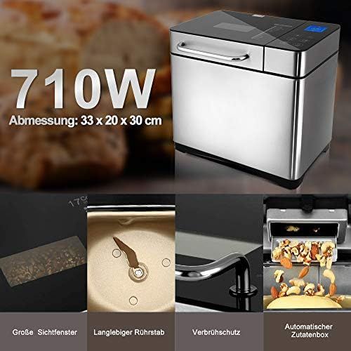  [아마존베스트]Meykey Bread Maker Baking Meister Bread Maker with 19 Programmes for 500 g - 1000 g Bread Weight, 710 W, 15 Hours Timing Function, Keep Warm Function, Viewing Window and LED Screen