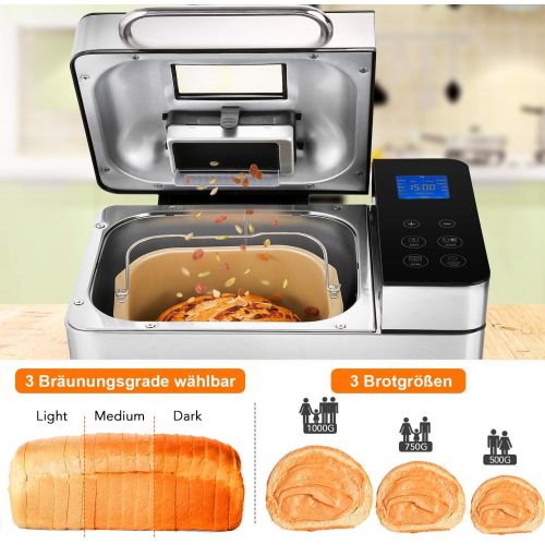  [아마존베스트]Rendio Bread Maker Bread Maker with 19 Baking Programmes Made of Stainless Steel 710 W for 500 g - 1000 g Bread Weight 3 Crust Colour 15 Hour Delay Timer Viewing Window Keep Warm Function