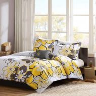 Mi 4 Piece Girls Floral Themed Comforter Full Queen Set, Pretty Abstract Flower Pattern, Beautiful All Over Summer Bedding, Colorful Flowers, Reversable Dark Gray, White Yellow Grey B