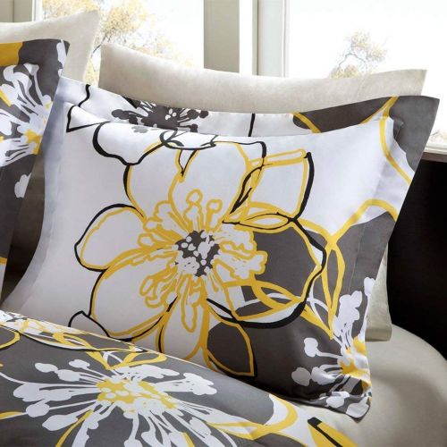  Mi 4 Piece Girls Floral Themed Comforter Full Queen Set, Pretty Abstract Flower Pattern, Beautiful All Over Summer Bedding, Colorful Flowers, Reversable Dark Gray, White Yellow Grey B