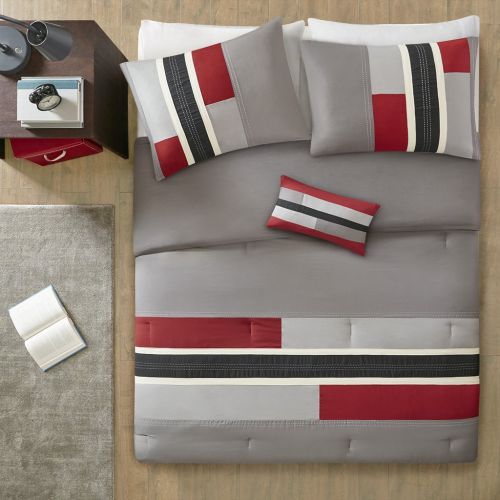  Mi Zone - Pipeline Comforter Set - Red - Twin/ Twin XL - Striped Pieced Design With Twill Tape - Includes 1 Comforter, 1 Decorative Pillow, 1 Sham