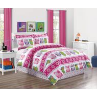 Mi Girls Kids Bedding-Owl Design Polka Dot Tween Teen Dream Bed in A Bag. Queen Size 4 - Piece Comforter Set-Love, Hearts-Hot Pink, Purple, Blue, Green and White