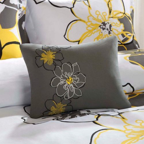  Mi 4pc Girls Floral Themed Comforter Full Queen Set, Reversable Dark Gray, Summer Bedding, Colorful Flowers, Pretty Abstract Flower Pattern, White Yellow Grey Black