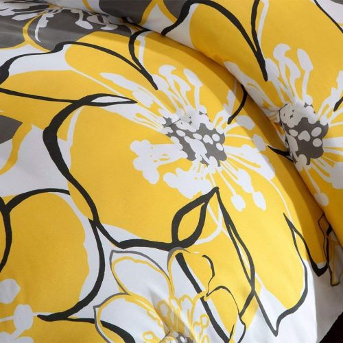  Mi 4pc Girls Floral Themed Comforter Full Queen Set, Reversable Dark Gray, Summer Bedding, Colorful Flowers, Pretty Abstract Flower Pattern, White Yellow Grey Black