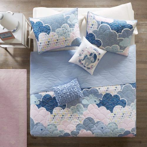  Mi 5 Piece Girls Blue Pink Purple White Color Cloud Themed Coverlet Full Queen Set, Sky Clouds Bedding, Playful Fun Polka Dot Heart Love Swirl Dots Pattern, Cotton