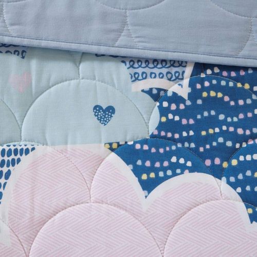  Mi 5 Piece Girls Blue Pink Purple White Color Cloud Themed Coverlet Full Queen Set, Sky Clouds Bedding, Playful Fun Polka Dot Heart Love Swirl Dots Pattern, Cotton