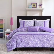 Mi 4pc Girls Purple Flower Themed Comforter Full Queen Set, Polka Dots Striped Pattern, Paisley Daisy Flowers, Pretty Floral Bedding, Violet Plum Lavender White, Horizontal Stripes