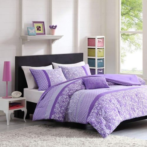  Mi 4pc Girls Purple Flower Themed Comforter Full Queen Set, Polka Dots Striped Pattern, Paisley Daisy Flowers, Pretty Floral Bedding, Violet Plum Lavender White, Horizontal Stripes