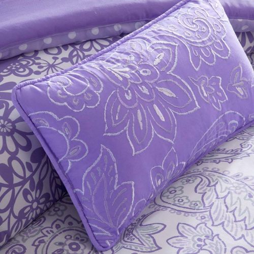  Mi 4pc Girls Purple Flower Themed Comforter Full Queen Set, Polka Dots Striped Pattern, Paisley Daisy Flowers, Pretty Floral Bedding, Violet Plum Lavender White, Horizontal Stripes