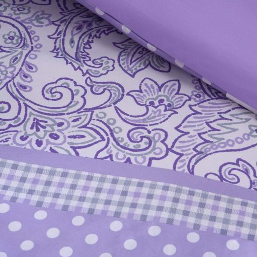  Mi 4pc Girls Purple Flower Themed Comforter Full Queen Set, Polka Dots Striped Pattern, Paisley Daisy Flowers, Pretty Floral Bedding, Violet Plum Lavender White, Horizontal Stripes