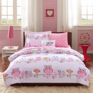 Mi 6 Piece Pink Off White Girls Owl Floral Theme Comforter Twin Set, Cute Fun All Over Owls Bedding, Friendly Bird Animals Blossoming Daisy Flower Tree Themed Polka Dots Pattern, Purp