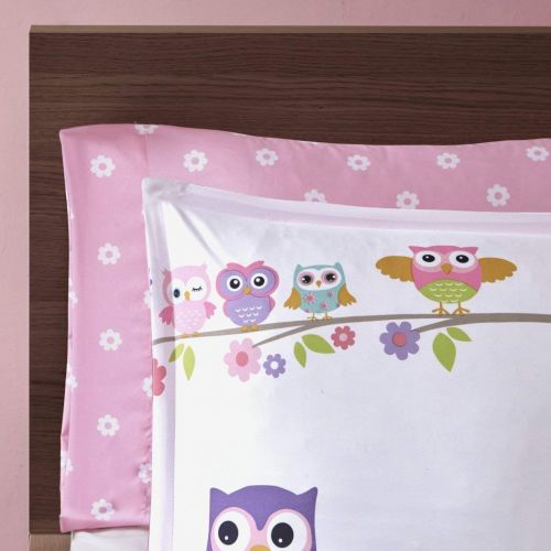  Mi 6 Piece Pink Off White Girls Owl Floral Theme Comforter Twin Set, Cute Fun All Over Owls Bedding, Friendly Bird Animals Blossoming Daisy Flower Tree Themed Polka Dots Pattern, Purp