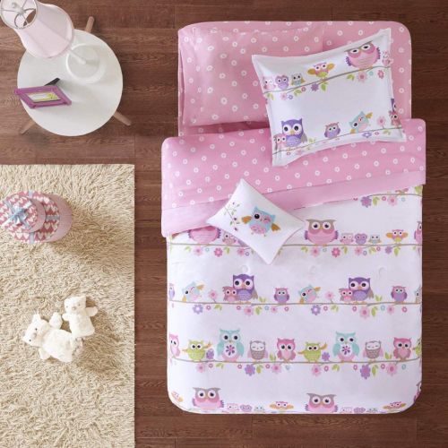  Mi 6 Piece Pink Off White Girls Owl Floral Theme Comforter Twin Set, Cute Fun All Over Owls Bedding, Friendly Bird Animals Blossoming Daisy Flower Tree Themed Polka Dots Pattern, Purp