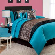 Mi 5 Piece Girls Turquoise Blue Brown Cheetah Comforter Twin Set, Exotic Cat Pattern Bedding Wild Animal Print Metallic Faux Silk Fashion Ruffled Stripe Black Luxurious Safari Design,