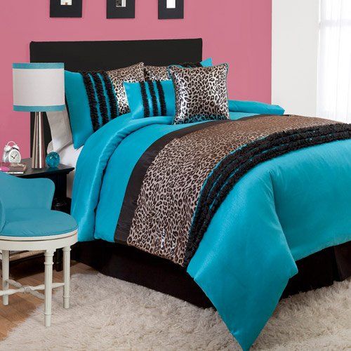  Mi 5 Piece Girls Turquoise Blue Brown Cheetah Comforter Twin Set, Exotic Cat Pattern Bedding Wild Animal Print Metallic Faux Silk Fashion Ruffled Stripe Black Luxurious Safari Design,