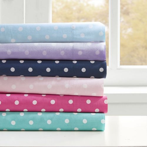  Mi-Zone Mi Zone Polka Dot Printed 100% Cotton Percale Ultra Soft 4 Piece Sheet Set For Girls Bedding, Queen Size, Indigo