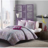 Mi-Zone Keisha Comforter Set Full/Queen Size - Fuchsia, Grey, Paisley Damask  4 Piece Bed Sets  Peach Skin Fabric Teen Bedding for Girls Bedroom