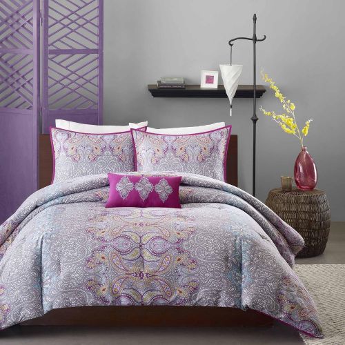  Mi-Zone Keisha Comforter Set Full/Queen Size - Fuchsia, Grey, Paisley Damask  4 Piece Bed Sets  Peach Skin Fabric Teen Bedding for Girls Bedroom