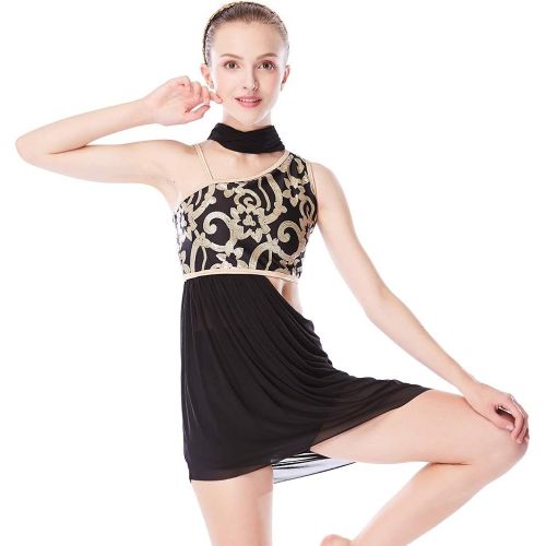  MiDee Lyrical Dress 2 Pieces Dance Costumes Floral Sequins Highlow Neck Side Waist Open Drap Skirt