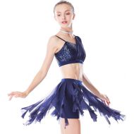 MiDee 2 Pieces Sequins Diagonal-Neck Irreguar Latin Dress Dance Costume