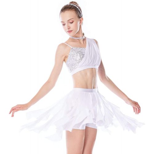  MiDee 2 Pieces Sequins Diagonal-Neck Irreguar Latin Dress Dance Costume