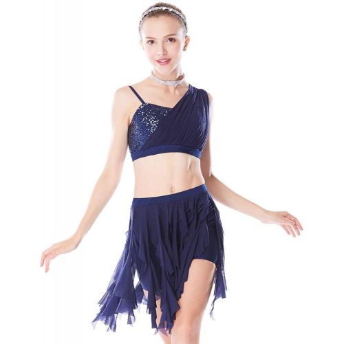  MiDee 2 Pieces Sequins Diagonal-Neck Irreguar Latin Dress Dance Costume