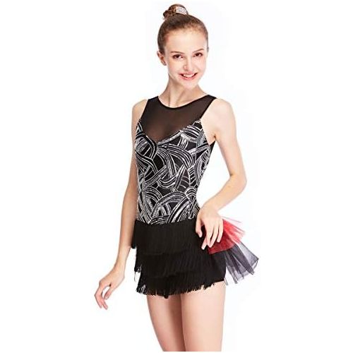  MiDee Geometric Sequins Costume Jazz Dance Dress Illusion Wide V with Half Fringes Half Tutu Skirt