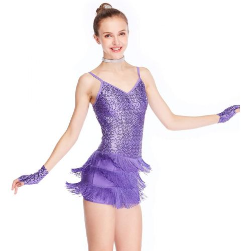  MiDee Dance Costume Biketard Camisole Sequins Top with Fringes Skirt 4 Colors