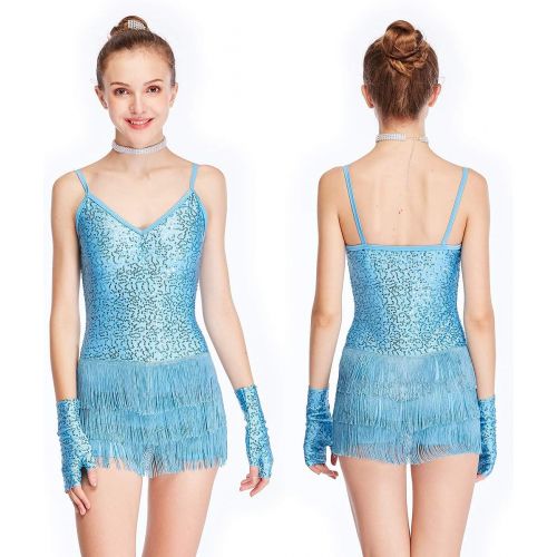  MiDee Dance Costume Biketard Camisole Sequins Top with Fringes Skirt 4 Colors