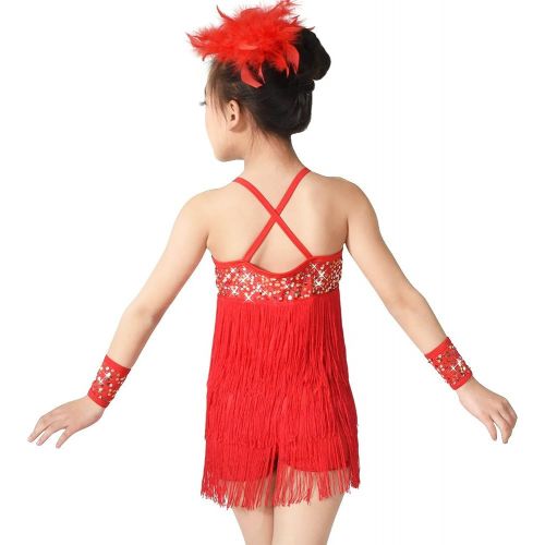  MiDee Latin Dress Dance Costume 3 Colors Camisole Sequins Tassels Skirt for Girls