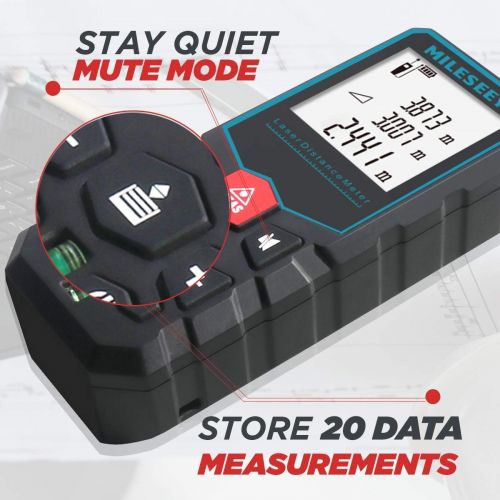  [아마존베스트]Mileseey Laser Measure, 40M/131Ft Laser Distance Meter,±2mm Accuracy Laser Measure Device with Pythagorean Mode, Distance, Area and Volume Measurement with Mute Function LCD Backli